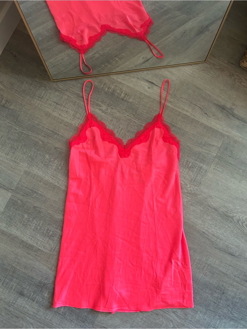 Victoria's Secret Neon Hot Pink Satin Lace Trim Slip Dress Chemise Lingerie M